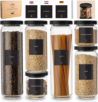 Produktbild von Vorratsdosen 6-teiliges Set, Glas, mit schwarzen Holzdeckeln, luftdicht, für Küche