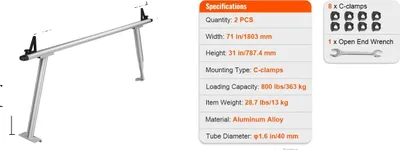 Zdjęcie produktu dla System nośny do samochodów ciężarowych, nośność 800 funtów, szerokość 71 cali, wytrzymałe aluminium, 71 cali