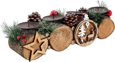 Produktbild von Adventsgesteck HWC-M14 mit Kerzenhalter, Adventskranz Weihnachtsgesteck Holz  12x41x12cm  ohne Kerzen