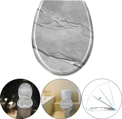 A collage of images showing a toilet seat with a marble pattern, a toilet with the seat installed in a bathroom, and a diagram illustrating the toilet seat's soft-close mechanism.