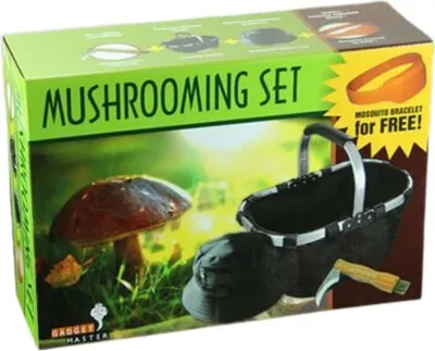 A product box for a mushroom hunting set, featuring an image of a mushroom, a basket, a hat, and a knife.