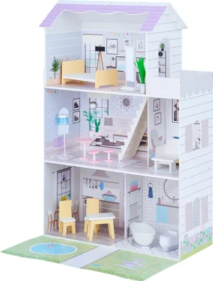 Obrázek produktu pro Olivia's Little World Velký velký fialový domeček pro panenky Dřevěný domeček pro panenky 3,6 stopy s 16 doplňky pro panenky TD-12383E