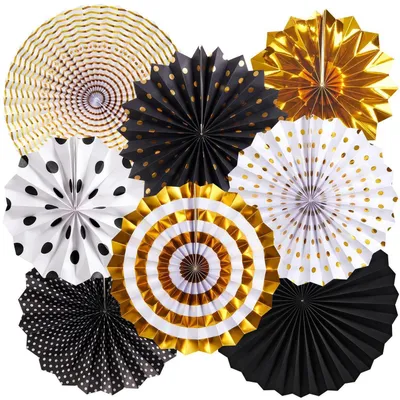 Productafbeelding van Papieren waaier decoratieset, zwart en goud, 8 stuks, voor feesten en evenementen