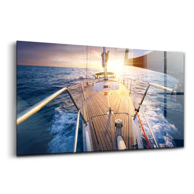 Produktbild von Glasmalerei - dekoratives Bild - moderne Malerei - 140x70 - Sonnenuntergang auf dem Deck eines Segelschiffs