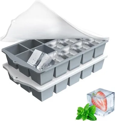 Image de Moules à glaçons en silicone, lot de 2 avec 15 compartiments, empilables avec couvercle, sans BPA et adaptés pour les aliments pour bébé, les cocktails et plus encore