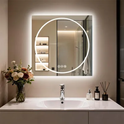 Image de Miroir de salle de bain LED WISFOR, miroir de salle de bain avec éclairage anti-buée 70 × 70 cm, miroir mural de salle de bain avec éclairage à intensité variable