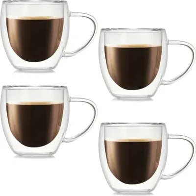Produktbild von Doppelwandige Gläser | 250 ml mit Henkel | 4 Stück | Latte Kaffee Thermo Becher Tee Thermogläser für Cappuccino Macchiato Tee Kaffeegläser Glastasse