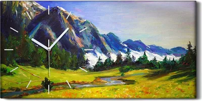 Produktbild von Küchenuhr Bürouhr Leinwand Uhr 60x30 Malerei Wiese Wald Bäume Berg Himmel Kunst - weiße Hände