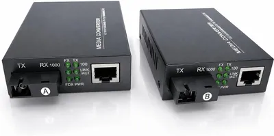 Produktbild von Elfcam - 2er Set Gigabit Medienkonverter 10/100/1000 Mbps mit SFP-Modul, RJ45 auf SC Singlemode Glasfaser, 20 km, Ethernet LWL Konverter