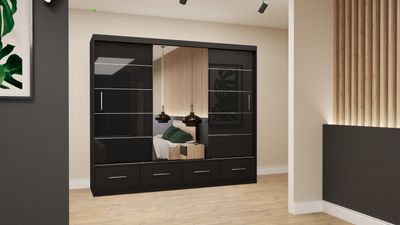 Schwebetürenschrank Schrank Kleiderschrank 250 cm semigloss Schwarz/Schwarz mit Spiegel Florence