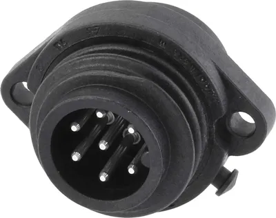 A close-up, angled view of a black electrical connector with multiple pins.