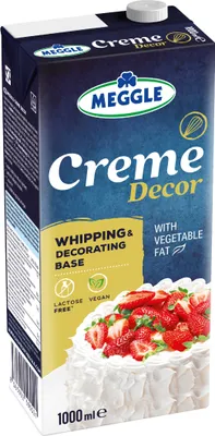 A carton of Meggle Creme Decor with strawberries and whipped cream.