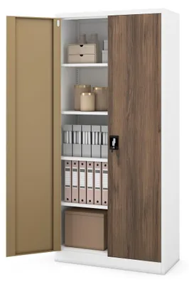Immagine prodotto di Armadio per documenti, armadio per ufficio, armadio in metallo, armadio in acciaio, armadio per utensili, realizzato in acciaio, verniciato a polvere, con ante, con serratura, dimensioni: 195 cm x 90 cm x 40 cm, colore: bianco/noce