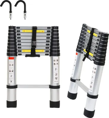 Produktbild von Clanmacy Teleskopleiter Silber 2.6m Mit Haken Ausziehleiter bis 150kg Stabil Aluminium Anlegeleiter Multifunktionsleiter Stehleiter