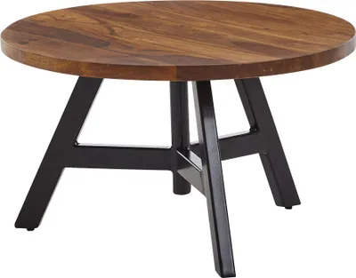 Runder Couchtisch mit Sheesham-Massivholzplatte und schwarzem Metallgestell in Gesamtansicht.