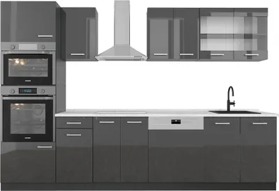 Zdjęcie produktu dla Aneks kuchenny Vicco R-Line Antracyt wysoki połysk 300 cm z wysoką szafką, BP Marmur, Model 53836