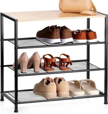 Zdjęcie produktu dla Półka na buty czarna metalowa 4-poziomowa z półką 60x30x57 cm