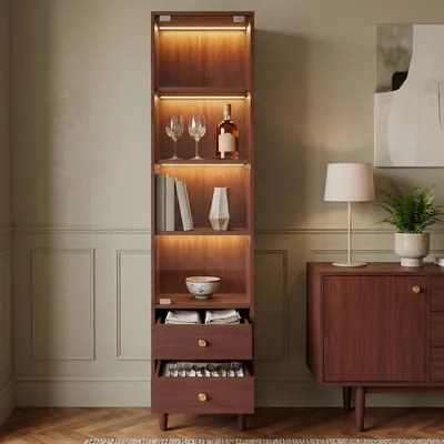 Produktbild von Retro-Vitrine, Glastür, 2 Schubladen, LED, Goldgriffe