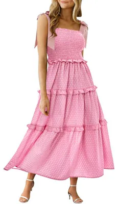 Produktbild von Imily Bela Sommerliches Maxikleid für Damen mit Blumenmuster, gerafften Schultern, Bindebändern, ärmellosem, mehrlagigem Faltenrock im Boho-Stil, lässigem Strandkleid