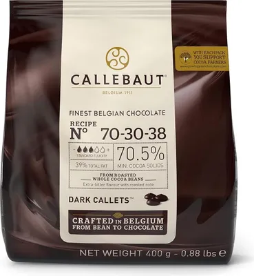 A bag of Callebaut dark chocolate callets.