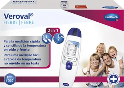 Zdjęcie produktu dla Termometr kliniczny na podczerwień Veroval 2 w 1: do szybkiego i łatwego pomiaru gorączki w uchu lub na czole, idealny dla rodzin z dziećmi, z 10 nasadkami ochronnymi