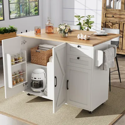 Produktbild von Moderne Kücheninsel Küchenschrank Buffetschrank Speisewagen Holzmaserung multifunktionaler Esstisch Stauraum Snackregalen 120x43.2x92cm Weiß