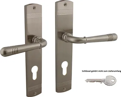 Produktbild von Matt vernickelte Langschildgarnitur Türdrücker massiv Zamak Fenstergriff Augsburg Profilzylinder