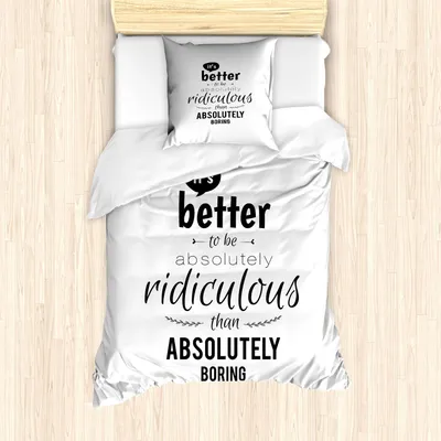 Immagine prodotto di Set copripiumino motivazionale ABAKUHAUS, motivo con scritta "Ridicolo è meglio che noioso" Design monocromatico moderno, 135 x 200 cm + 80 x 80 cm, bianco nero