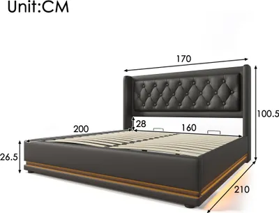 Immagine prodotto di Letto imbottito Sweiko letto matrimoniale 160*200 cm, materialePoliuretanonero letto contenitore idraulico, testata imbottita con funzione di ricarica USB Type-C, funzione LED su 3 lati (senza materasso)