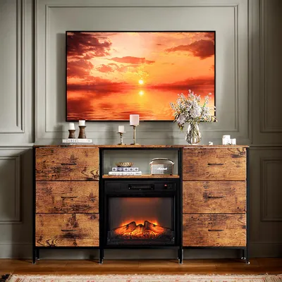 Image de LEADZM, meuble TV, console avec effet de flamme de cheminée électrique, 147×30×79,4 cm, 6 tiroirs et 1 étagère, éclairage RGB, MDF, télécommande, idéal pour le salon, couleur marron