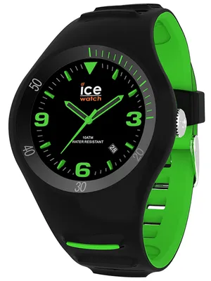 A close-up studio shot of a black and green Ice-Watch.
