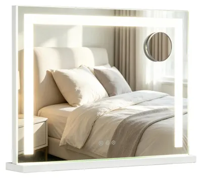 Imagen del producto de Espejo de maquillaje con iluminación de COSTWAY, espejo de 58x43 cm con 3 tonos de luz, aumento de 10x, estación de carga y control, espejo estilo Hollywood con regulador de intensidad