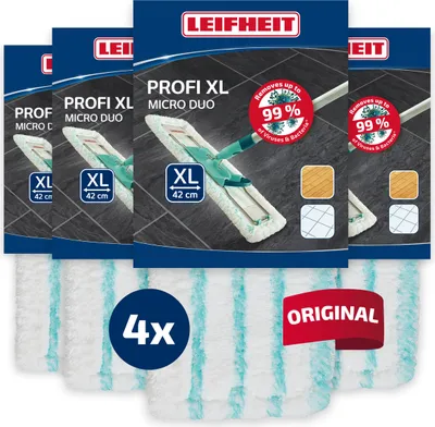 A product shot of multiple Leifheit Profi XL Micro Duo mop head refills in their packaging.
