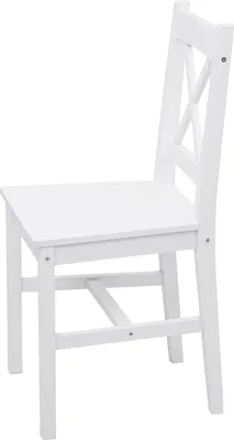 A white wooden chair shown from a side angle.