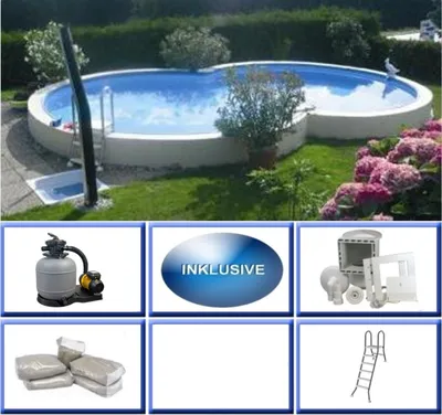 Produktbild von Stahlwandpool Set (9-teil) halbhoch achtform Cannes 625x360x150cm, Stahl 0,8mm weiß Folie 0,6mm bl.