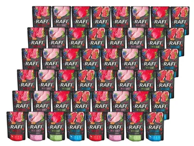 Zdjęcie produktu dla Rafi Mokra Karma dla Dorosłych Psów 4 Smaki Saszetka Duży Zestaw 48 x 300 g