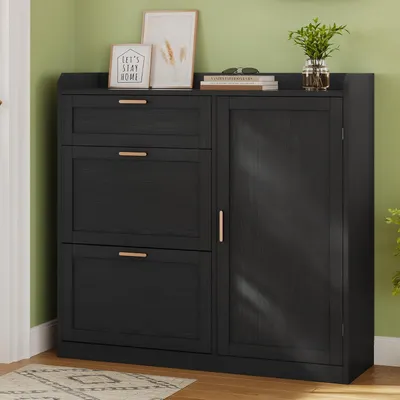 Produktbild von KIMENICH Schuhschrank mit 2 Klappen, Schuhkipper Schmal, Schuhschrank mit 1 Schublade, Schrank, Trennwand Verstellbar, 30 x 100 x 104 cm, Schwarz