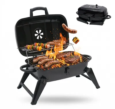 Produktbild von Relaxdays Tischgrill, tragbarer Klappgrill, HBT: 34 x 59 x 36 cm, Warmhalterost, Lüftung, Kohlegrill, Stahl, schwarz