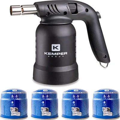 Image de Lampe à souder à gaz Professionnelle Utilisation 360° Chalumeau Gaz Allumage piezo 4 Cartouches gaz Perçables KEMPER