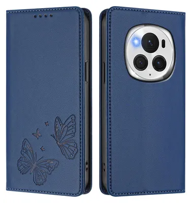 Image de Étui en cuir pour Honor Magic6 Pro, motif papillon, étui à rabat avec porte-appareil, bleu foncé