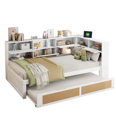 Immagine prodotto di Abrihome 90x200cm day bed Divano letto con letto estraibile 90x190cm, libreria e contenitore con rete a doghe, bianco
