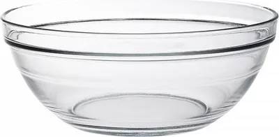 A clear, studio shot of a transparent glass bowl on a white background.