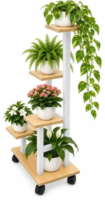 Produktbild von Blumenständer Pflanzenregal Blumenregal 86 cm Weiß mit Rollen 5 Ebenen Metall Holzoptik