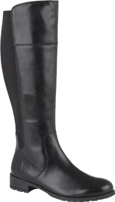 A single black leather boot is shown against a white background.