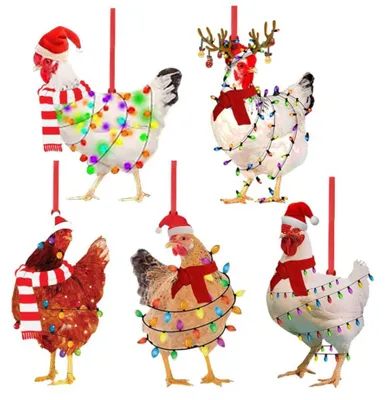 Productafbeelding van Houten kerstdecoratie - 5 stuks kersthanger in de vorm van een kip