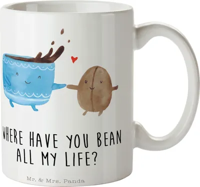 Produktbild von Mr. & Mrs. Panda Kaffeebecher Kaffee Bohne - Weiß - Geschenk, Becher, Pott, Kaffeetasse, Genuss, Lustige Sprüche, Keramiktasse, Glück, Zufriedenheit, Teetasse