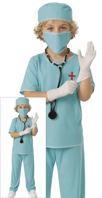 Productafbeelding van Artsenverkleedpak, carnaval, kind, chirurg, masker, muts, broek, blauw, fantasie, maat: 110/116, kleur: blauw