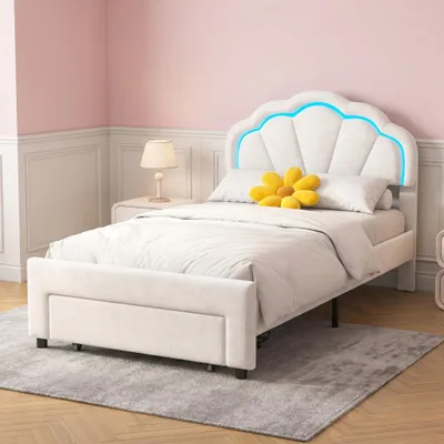 Produktbild von INONEFT Kinderbett 90 x 200 cm, Polsterbett mit LED-Beleuchtung, höhenverstellbares Kopfteil in Blumenform, Einzelbett, Samt, Weiß