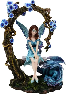 Produktbild von Wunderschöne Sitzende Elfe mit blauem Drachen - Fairy, Elfenfigur