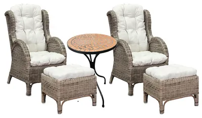 Productafbeelding van Luxe rieten set: 2 relaxfauteuils met voetenbankje + mozaiektafel